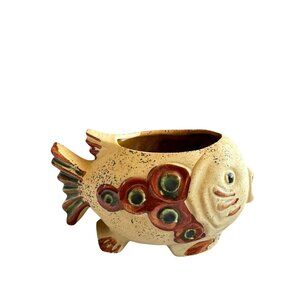Vintage Ceramic Brown Puffer Fish Planter Vase
